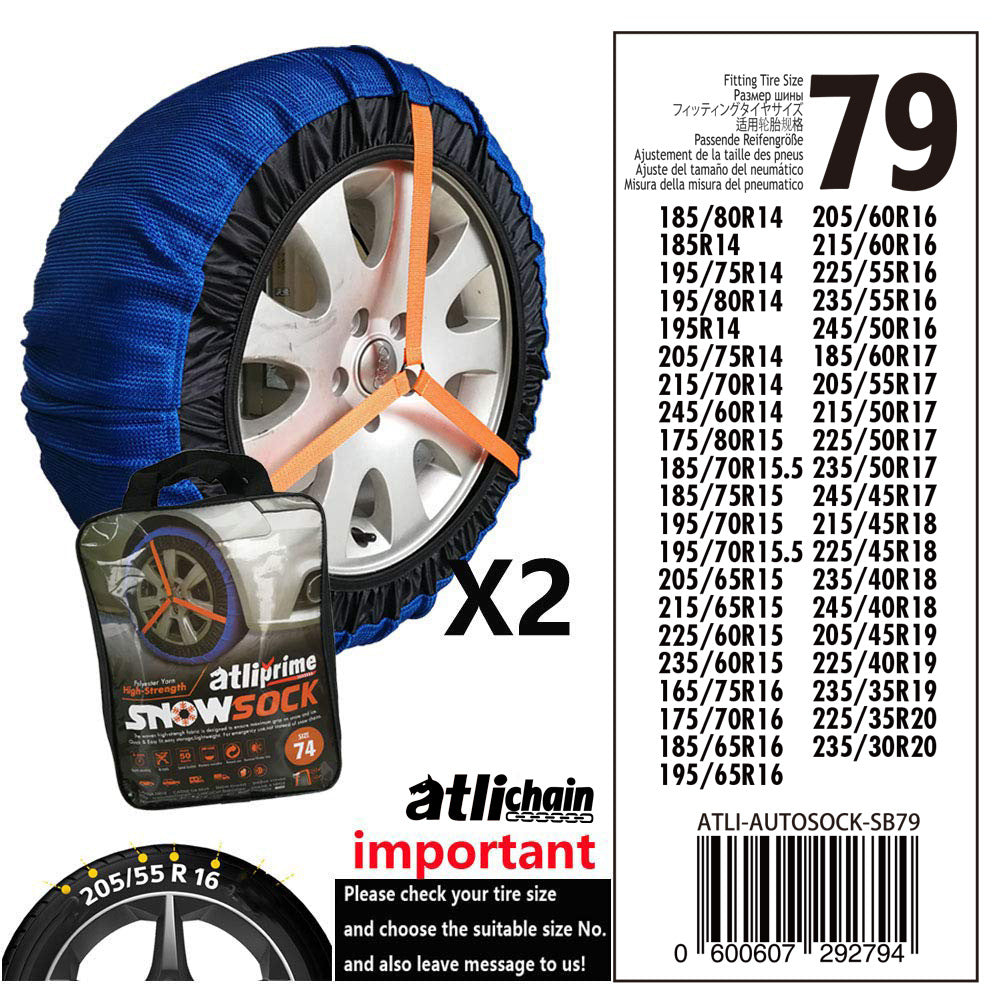 Textile snow sock for car tyres – size chart for size 79 with tyre list