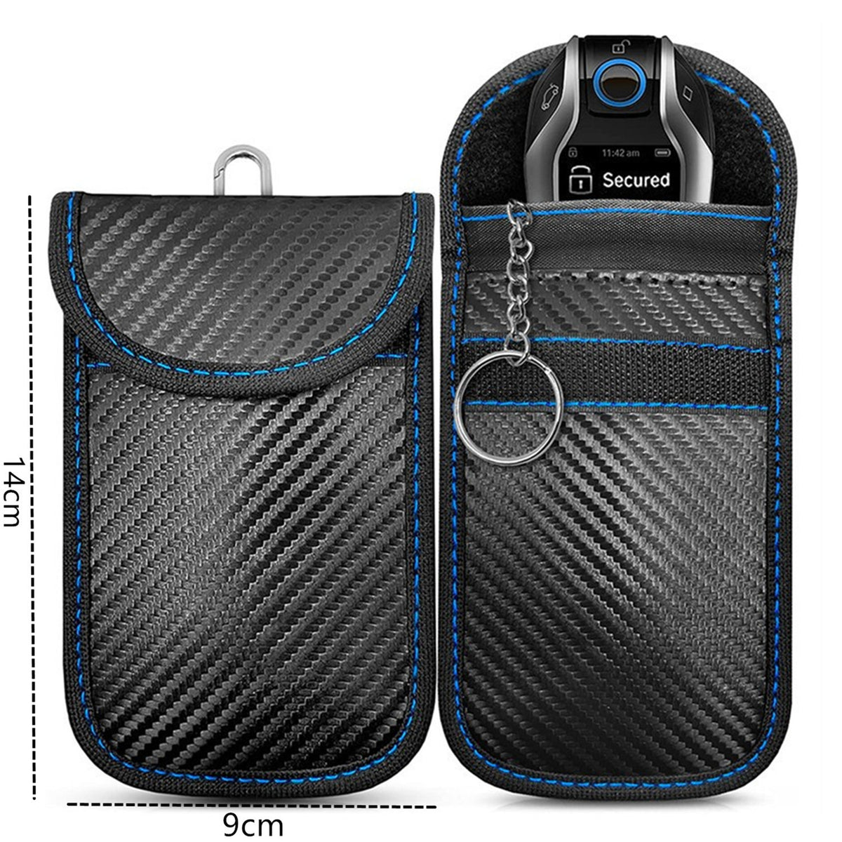 Faraday pouch for car keys – keyless entry signal blocker – open pouch showing car key fob and keyring chain