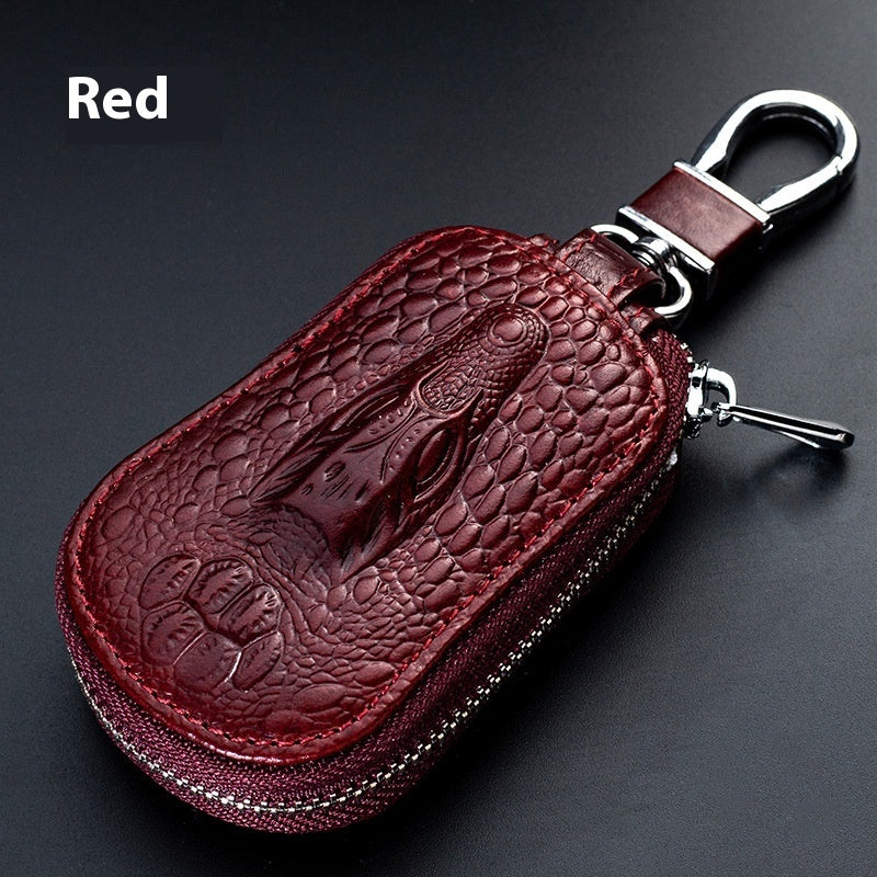 Genuine leather car key case – universal fit – red crocodile-pattern case labelled red
