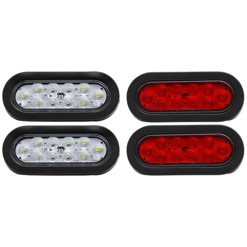 Truck Universal Small Taillight American Version, Rubber Frame With Plug 10 LED Oval Light ,12V, 2 Red Glossy Covers,2 Transparent Glossy Covers -4-piece Set