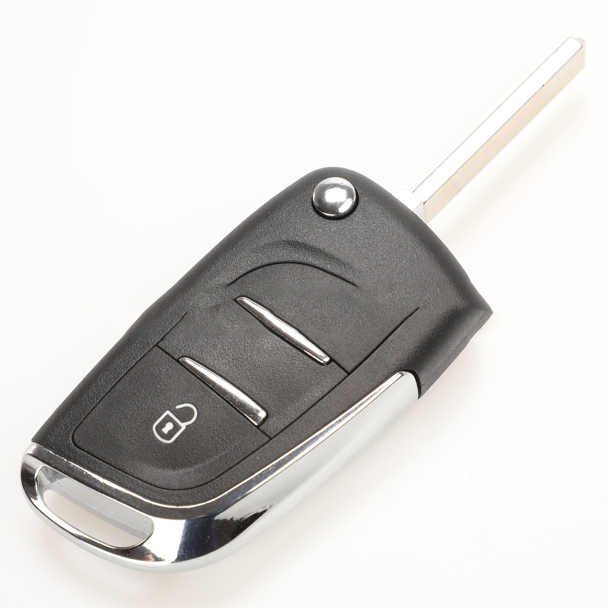 Replacement folding key shell for Citroën & Peugeot – front view of 2-button flip key with blade extended