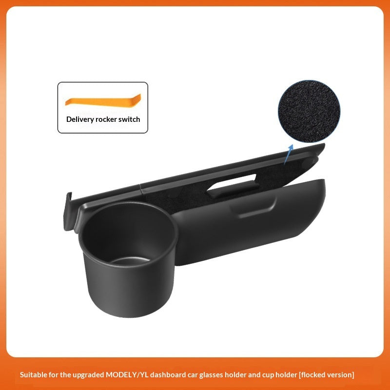 Glasses case and cup holder set for Tesla Model 3/Y – supplier infographic showing flocked lining and switch detail