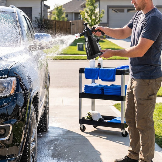Car wash starter kit with snow foam sprayer, shampoo and microfibre towel