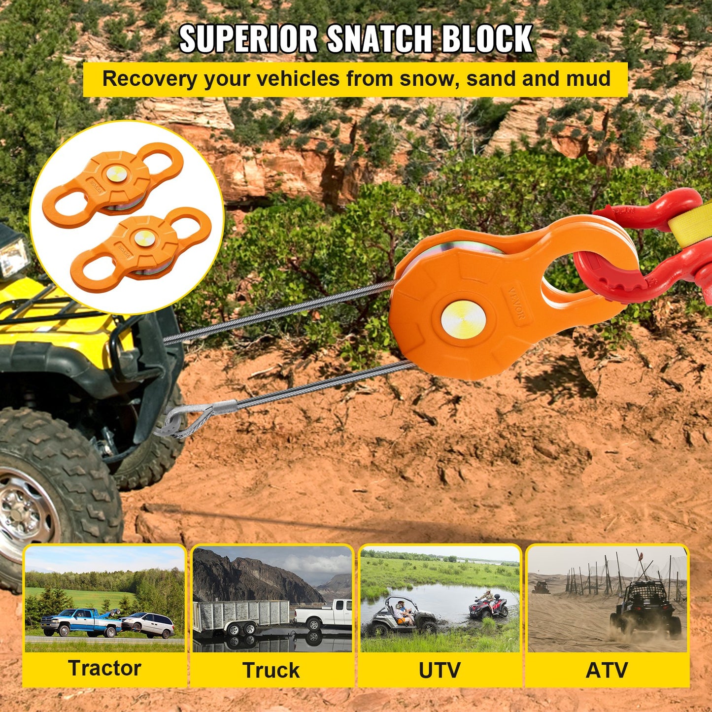 Pulley Block, 11 Tons, 25,000 Lbs Working Load Limit, Heavy-duty Winch Pulley, Suitable For 0.55 Inch -14 Mm, Synthetic Rope Or Soft Shackle, Off-road Recovery Accessory For Tractors, Trucks, ATVs, An