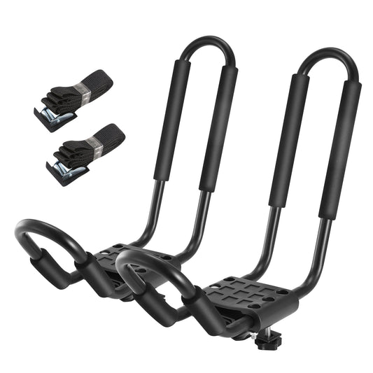 1 Pair Universal J-Bar Kayak Carrier 220LBS Load Heavy Duty Canoe Car Top Mount Carrier Roof Rack With 2Pcs Tie Down Straps