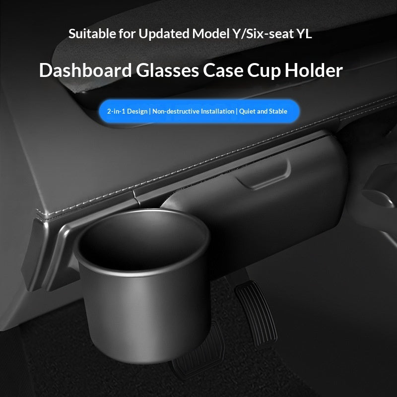 Glasses case and cup holder set for Tesla Model 3/Y – supplier infographic showing cup holder fitted under dashboard
