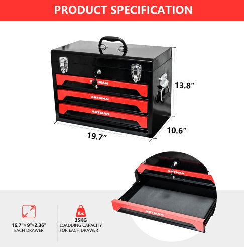 20 Portable 3 Drawer Steel Tool Box With Metal Latch Closure, Black  Red