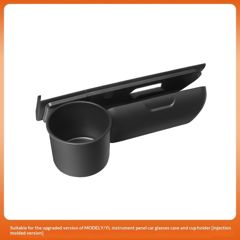 Glasses case and cup holder set for Tesla Model 3/Y – studio shot of unit from above showing cup and case