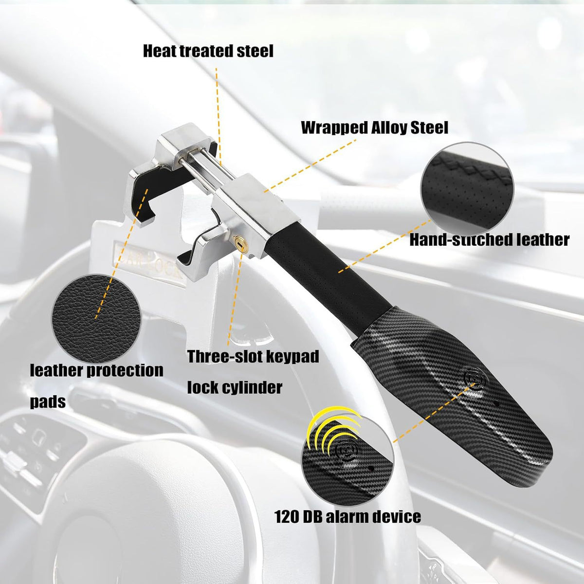 Steering wheel lock with alarm, aluminium alloy