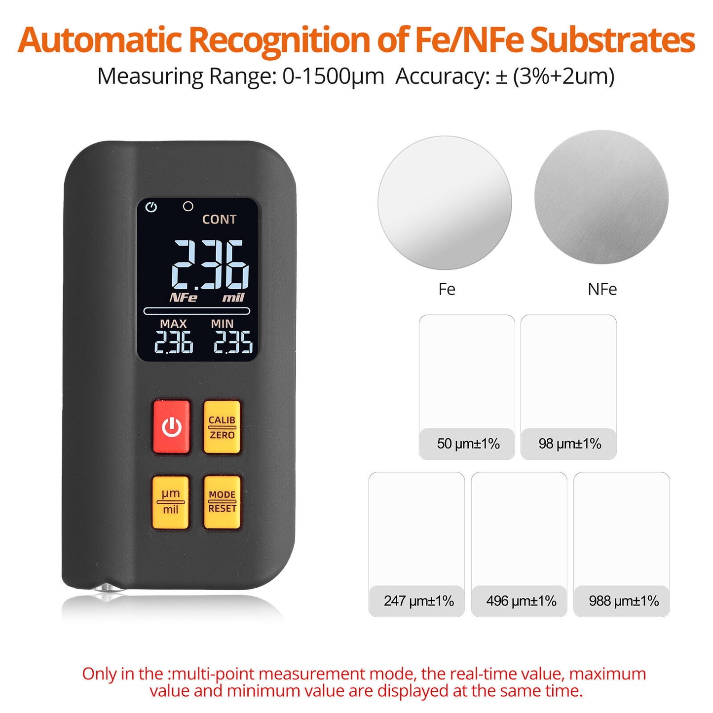 LCD Digital Thickness Gauge Car Coating Paint Film Depth Tester Fe NFe Probe