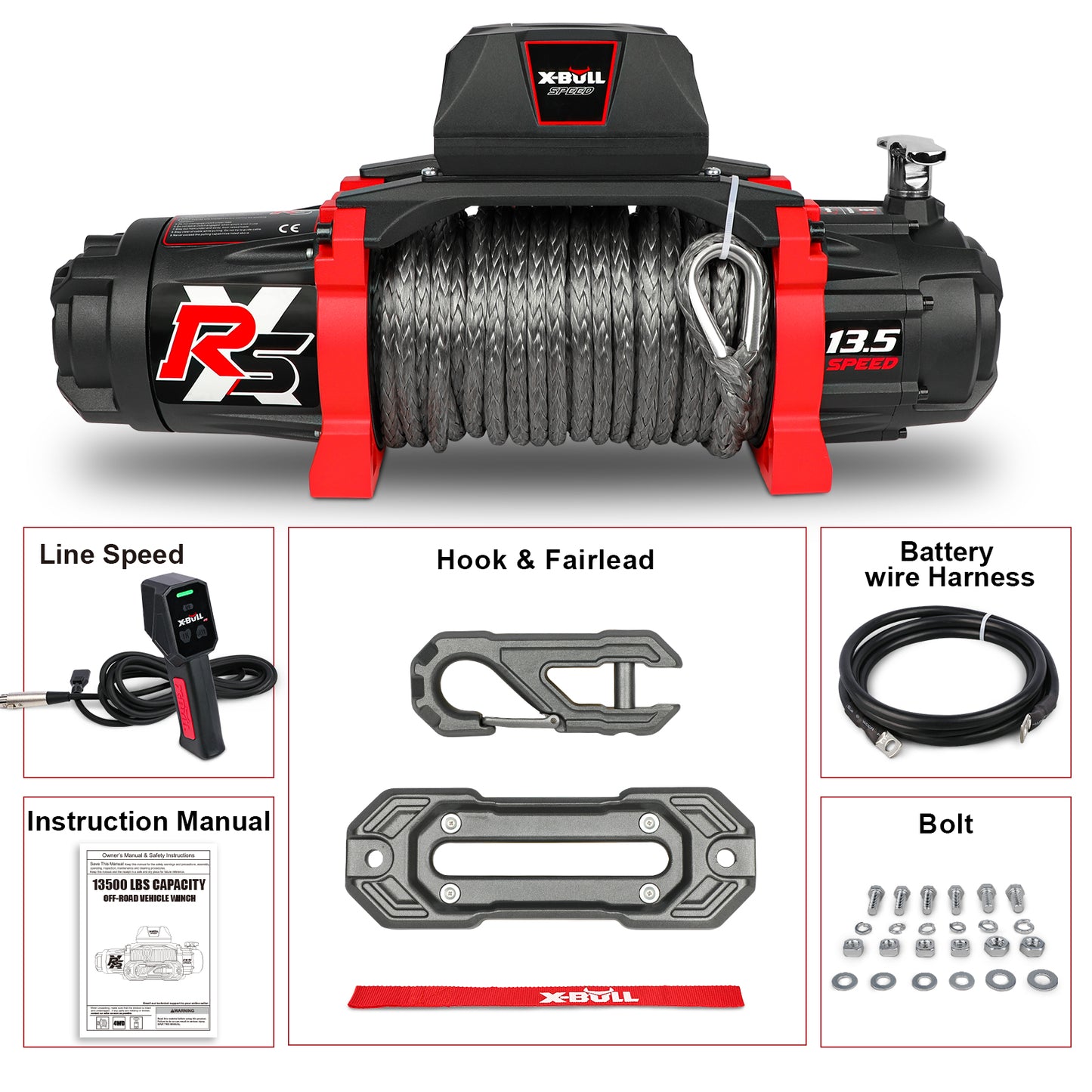 X-BULL 13500 Lb Winch Load Capacity Electric Winch - 12V DC Power Supply For Off-Road Trailers, 2-in-1 Wireless Remote Control, 13500 XRS Series
