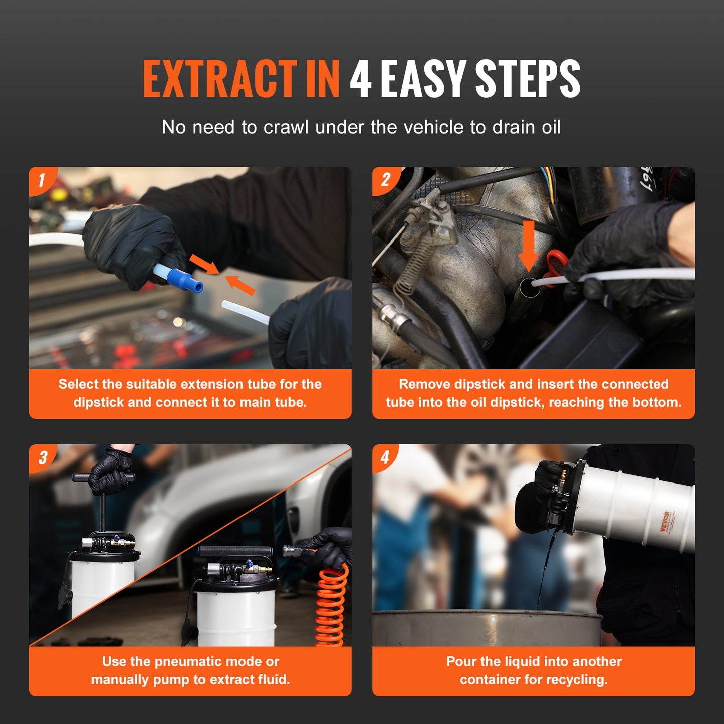 Liquid Extractor, 1.74 Gallon, Pneumatic, Manual Oil Change Vacuum Pump With Dipstick And Suction Hose, Automotive Fluid Extraction And Replacement Pump, Vacuum Suction.