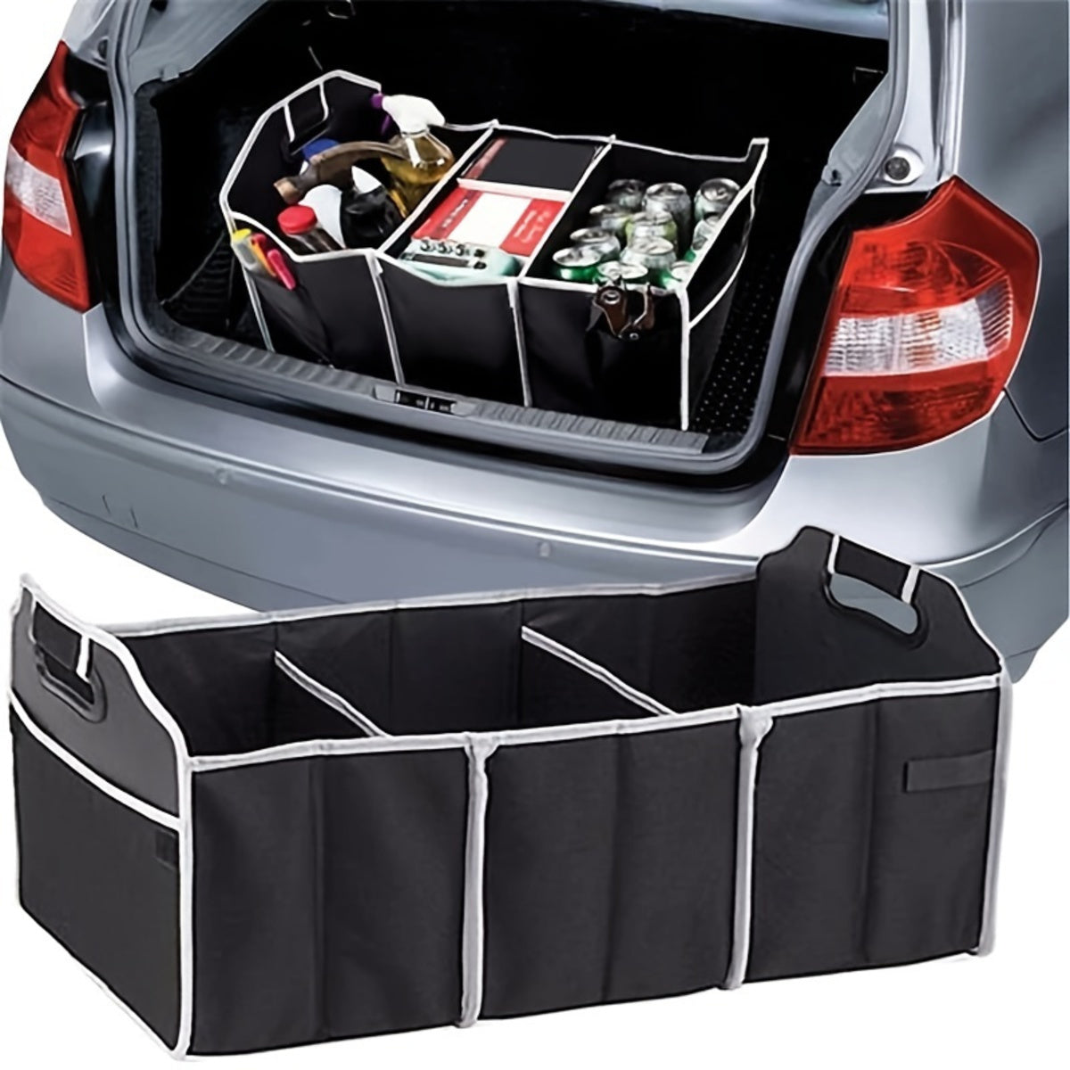 Multi-pocket car boot organiser with lid