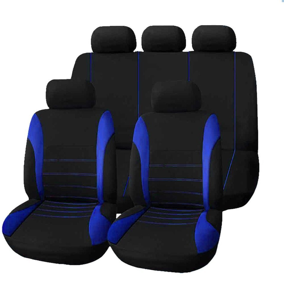 Universal car seat cover set, 5 seats – black seat covers with blue pinstripe detailing