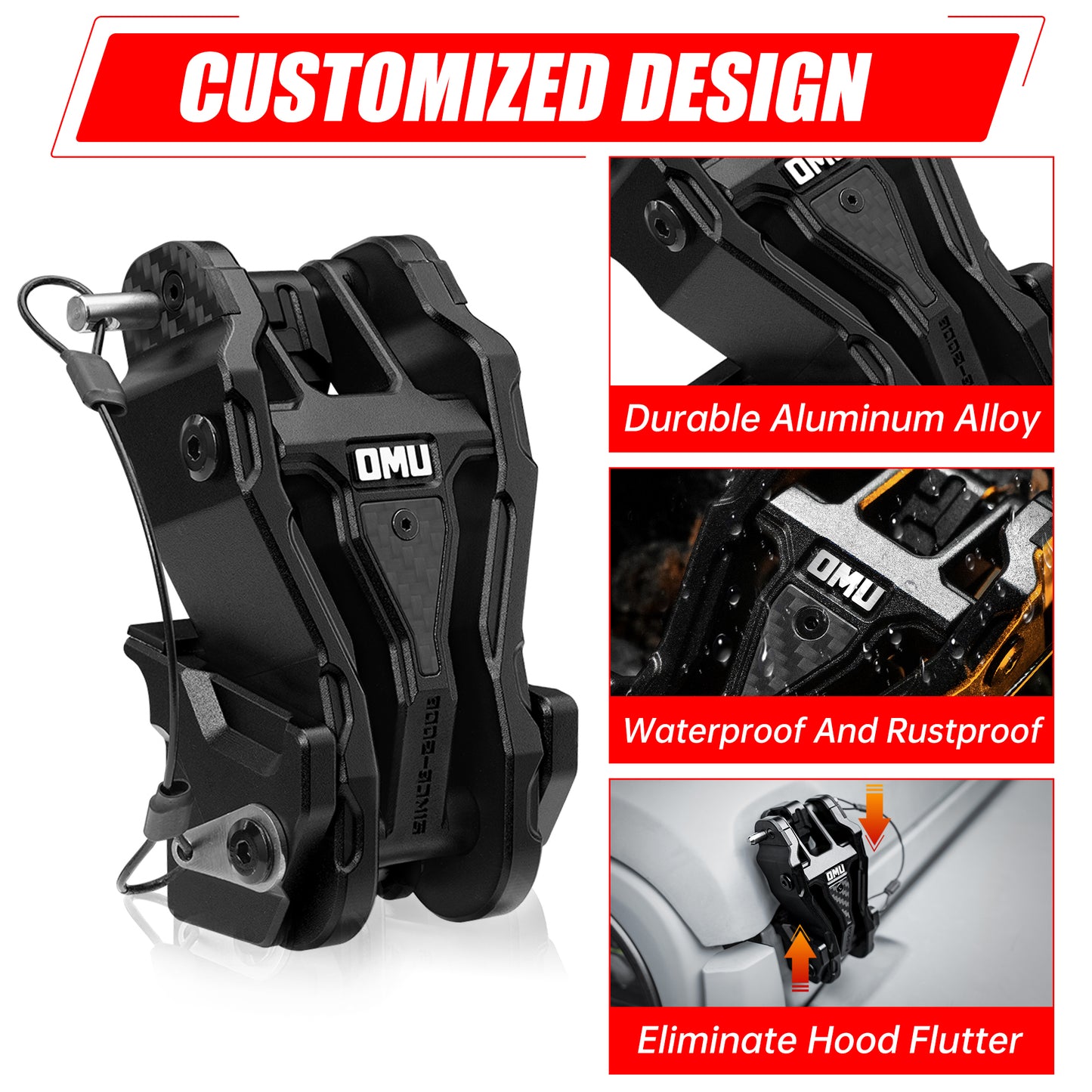 OMU Hood Latch Lock Catch Compatible With 2007-2018 Je Ep Wrangler JK&JKU 2018-2024 Wrangler JL&Gladiator JT, Aluminum Adjustable Hood Latches For Reducing Hood Shaking, 2 Pcs