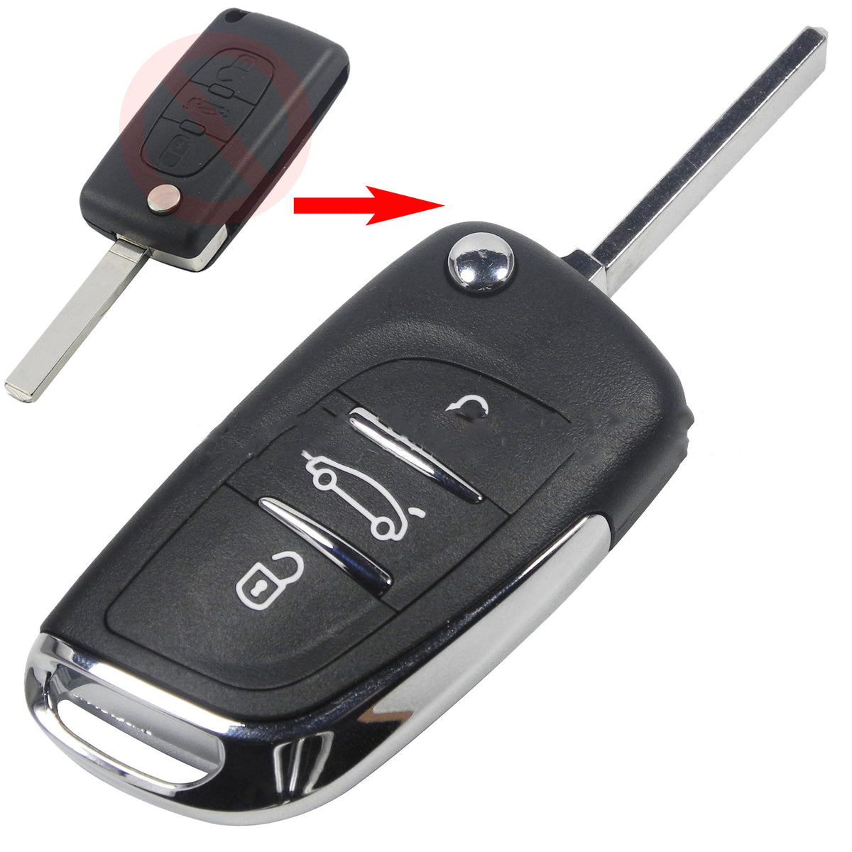 Replacement folding key shell for Citroën & Peugeot – before and after comparison with 3-button replacement shell