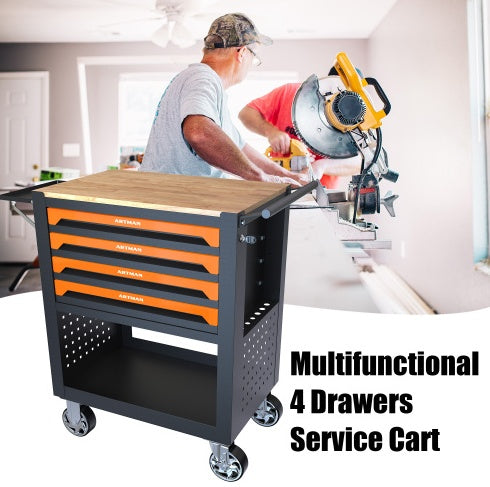 4 DRAWERS MULTIFUNCTIONAL TOOL CART WITH WHEELS AND WOODEN TOP-ORANGE