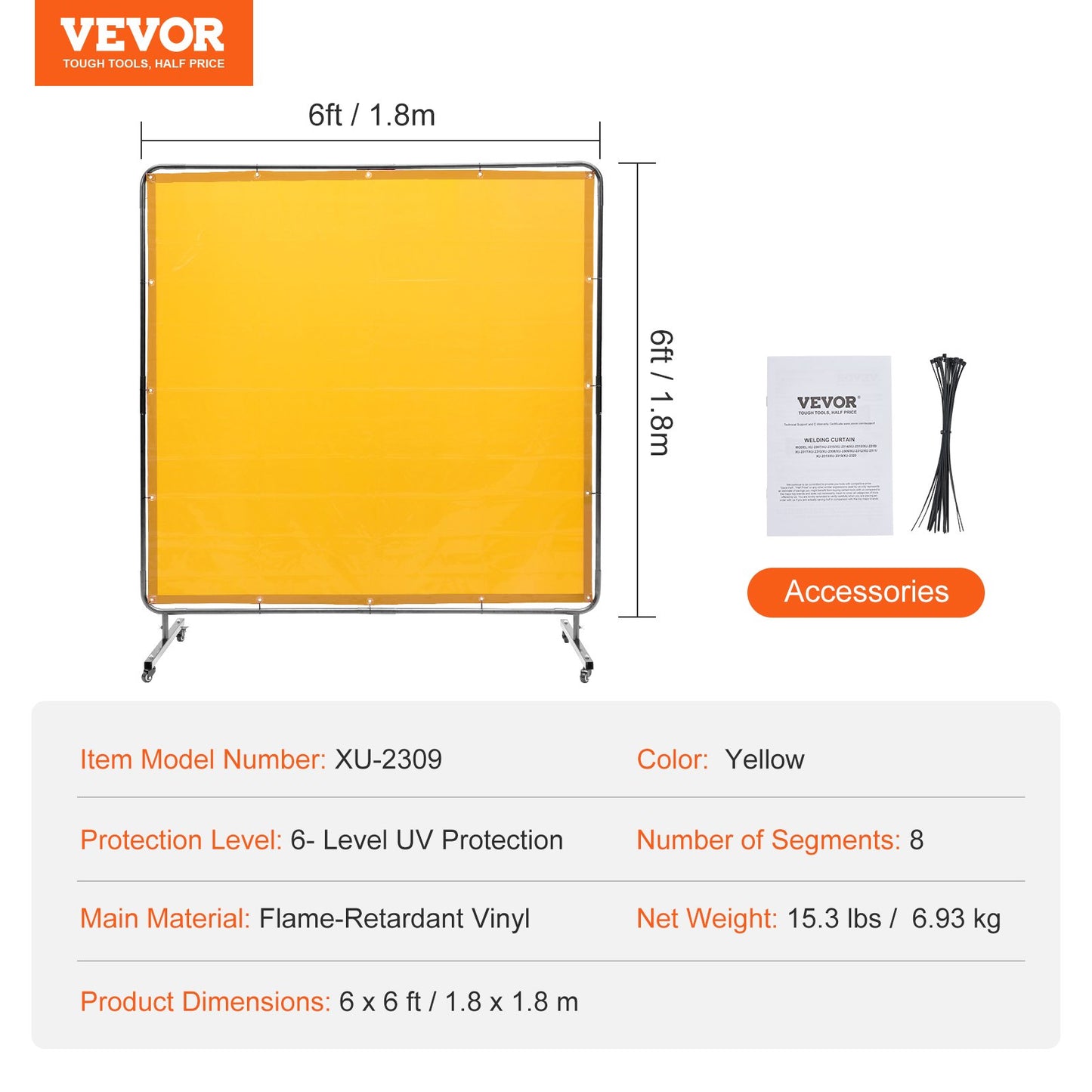 Welding Screen With Frame, 6 Feet By 6 Feet Weldin Curtain Screen, Flame-Resistant Vinyl Welding Protection Screen On 4 Swivel Wheel,2 Lockable, Moveable & Professional For Workshop,Industrial, Yellow