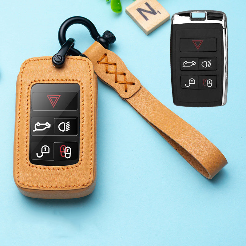 Leather key fob holster for Land Rover keys – tan leather case with wrist strap beside key fob