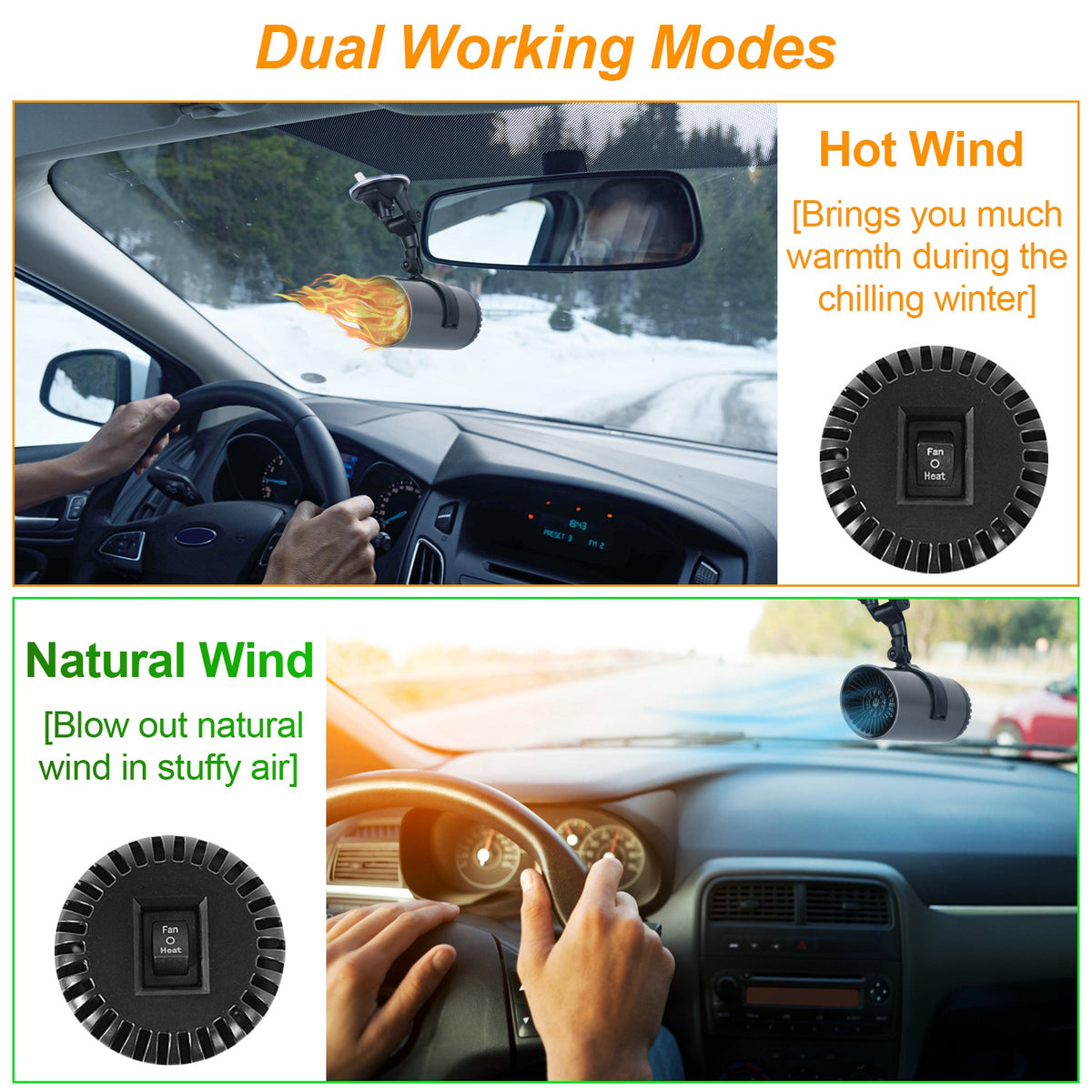 1Pc 12V 150W Or 24V 216W Portable Car Heater 2 In 1 Heating Cooling Fan Rotatable Demister Defroster With 4.92ft Cord