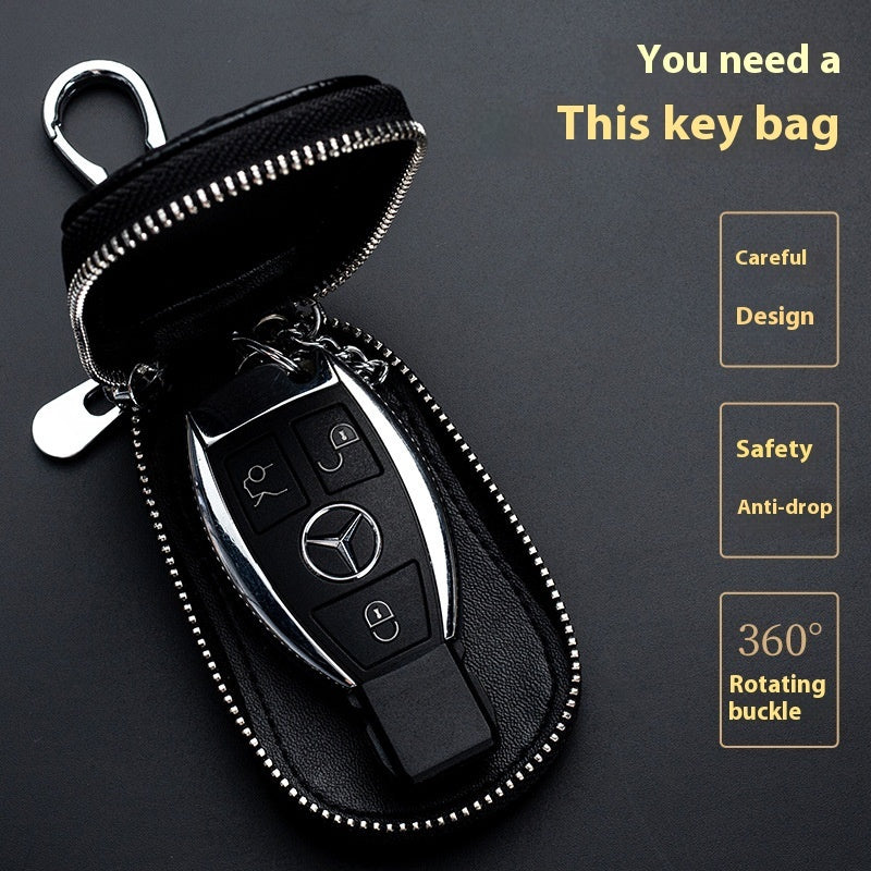 Genuine leather car key case – universal fit – black case next to Mercedes key fob with feature callouts