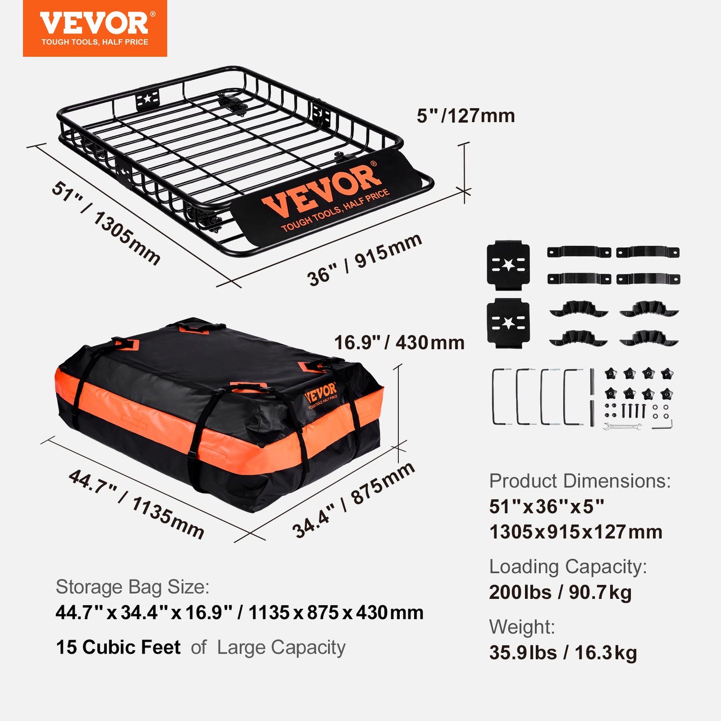 Roof Rack Cargo Basket, 130.5 X 91.5 X 12.7 Cm Rooftop Cargo Carrier W  15 Cu Ft Waterproof Cargo Bag, 90 Kg Capacity Universal Rack Carrier For SUV, Truck