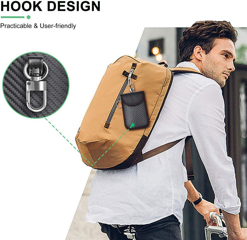 Faraday pouch for car keys – keyless entry signal blocker – hook attached to backpack strap on person's back