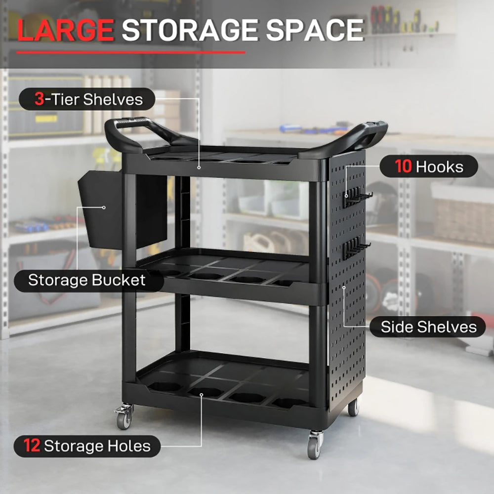 3-Tier Rolling Tool Cart, 200 LBS Capacity Plastic Utility Cart With Side Shelf And Storage Bucket