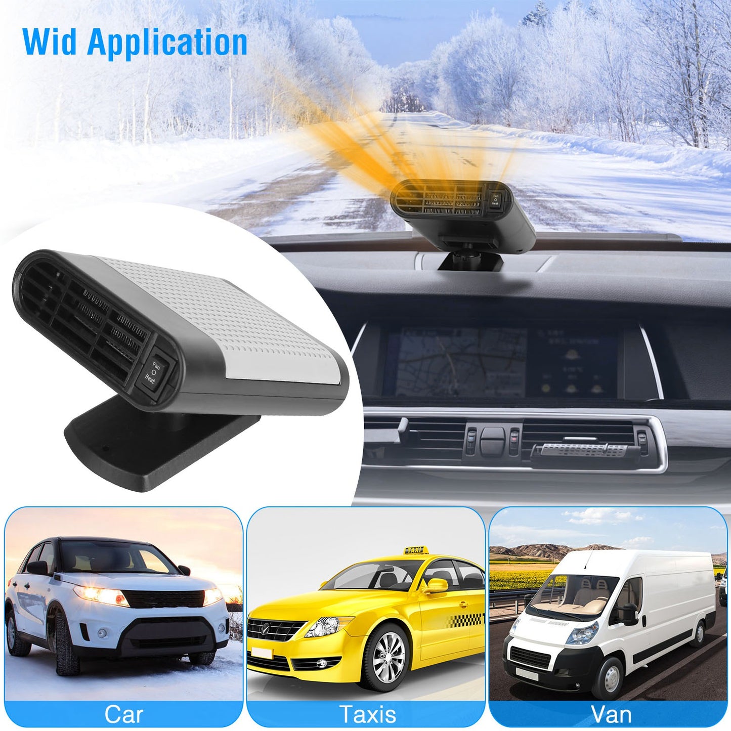 12V 150W Portable Car Heater Heating Fan 2 In 1 Defroster Defogger Demister Windshield Heater Automotive Cooling Fan With Air Purification 360 Degree  Rotating Base