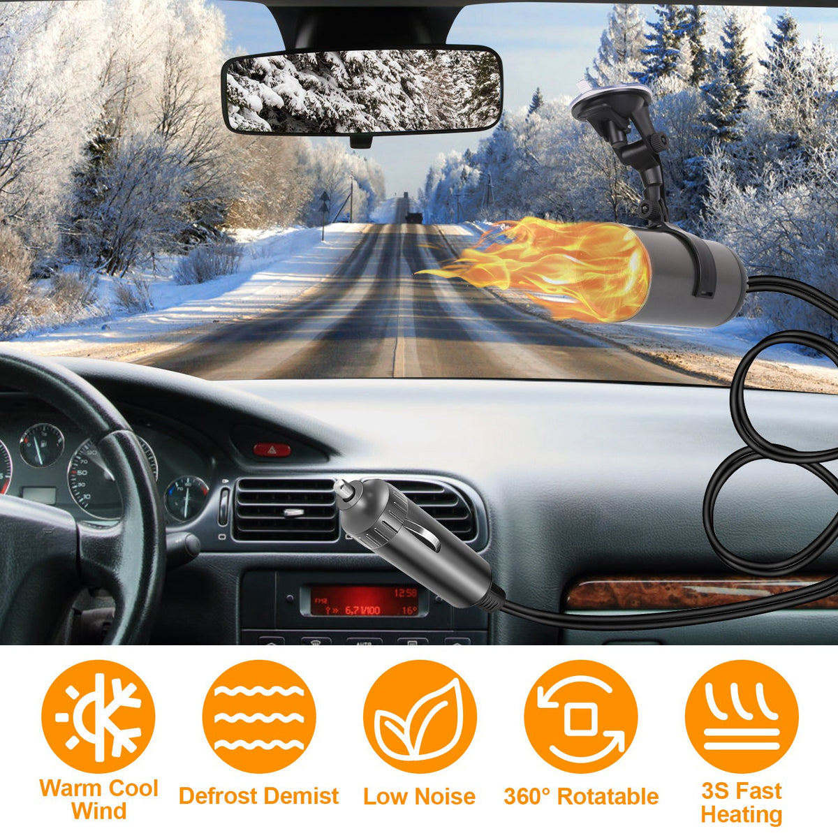 1Pc 12V 150W Or 24V 216W Portable Car Heater 2 In 1 Heating Cooling Fan Rotatable Demister Defroster With 4.92ft Cord