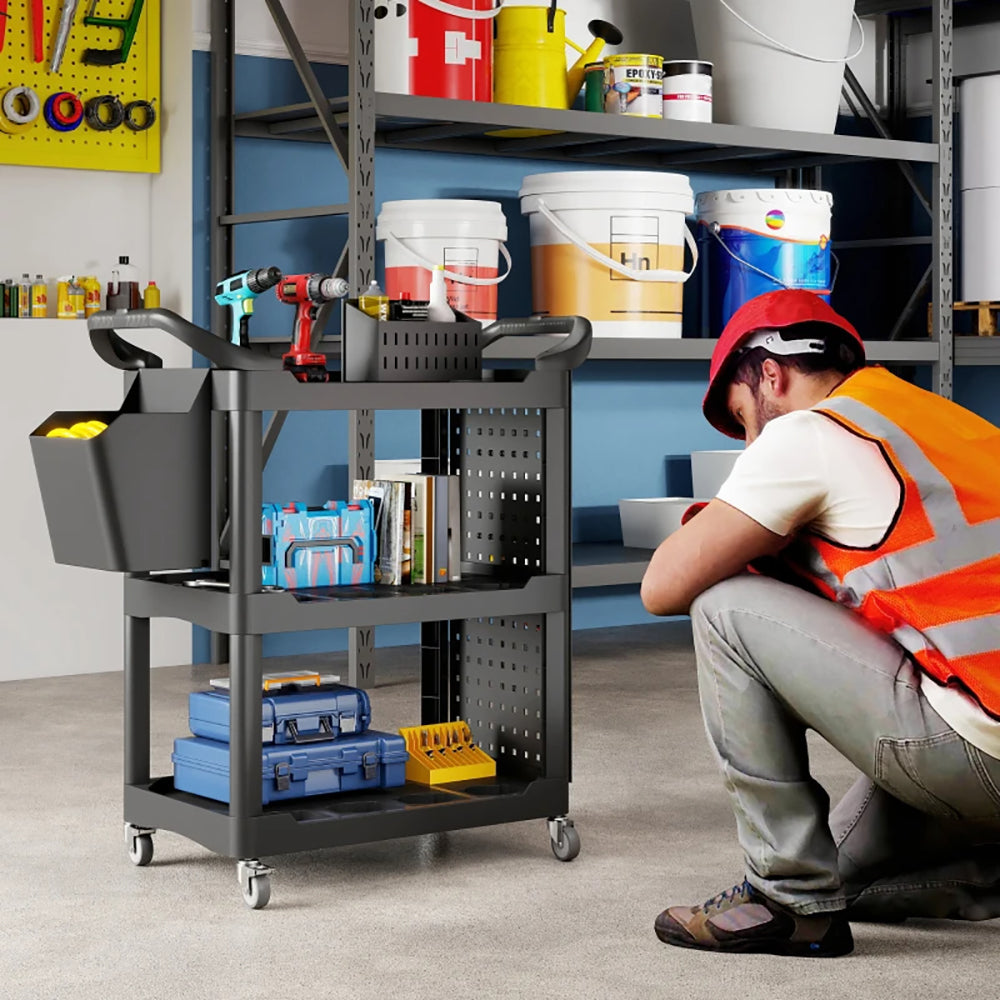 3-Tier Rolling Tool Cart, 200 LBS Capacity Plastic Utility Cart With Side Shelf And Storage Bucket