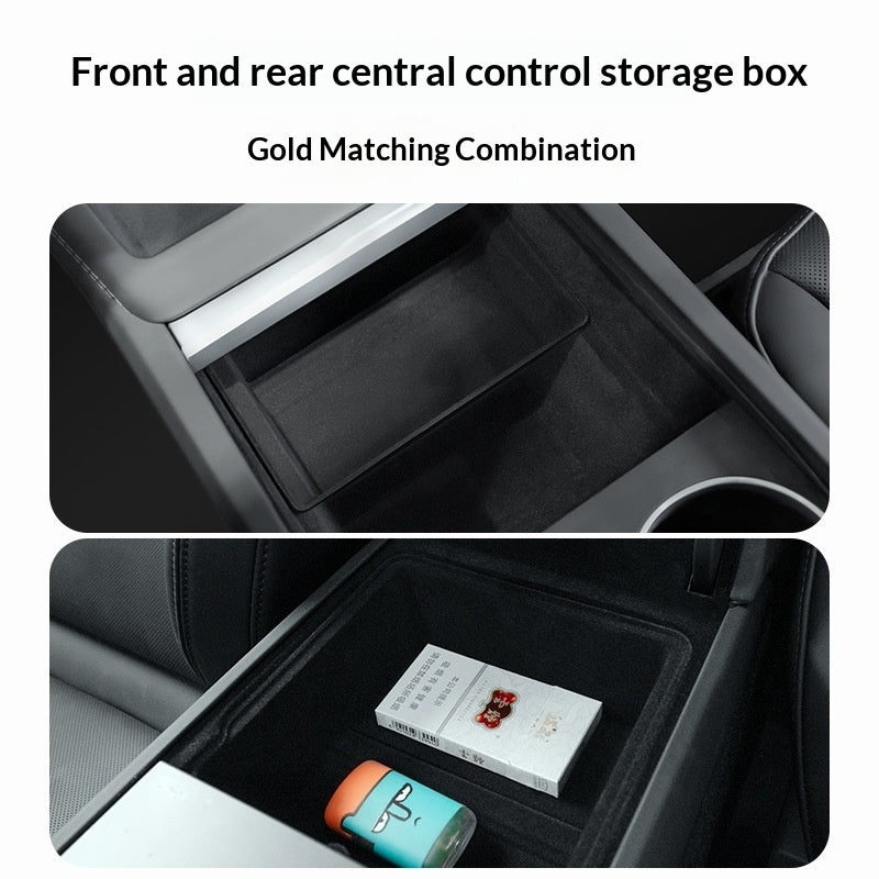 Centre console organiser for refreshed Tesla Model 3 and Model Y – supplier infographic showing front and rear storage box combination