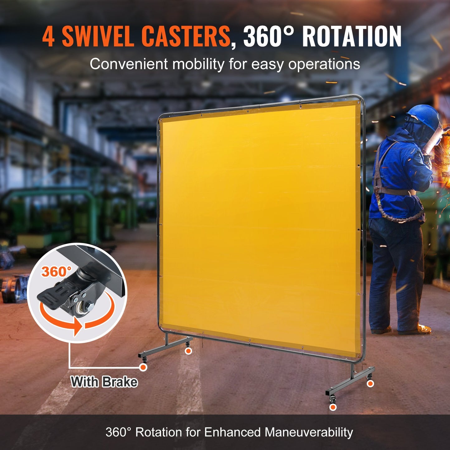Welding Screen With Frame, 6 Feet By 6 Feet Weldin Curtain Screen, Flame-Resistant Vinyl Welding Protection Screen On 4 Swivel Wheel,2 Lockable, Moveable & Professional For Workshop,Industrial, Yellow