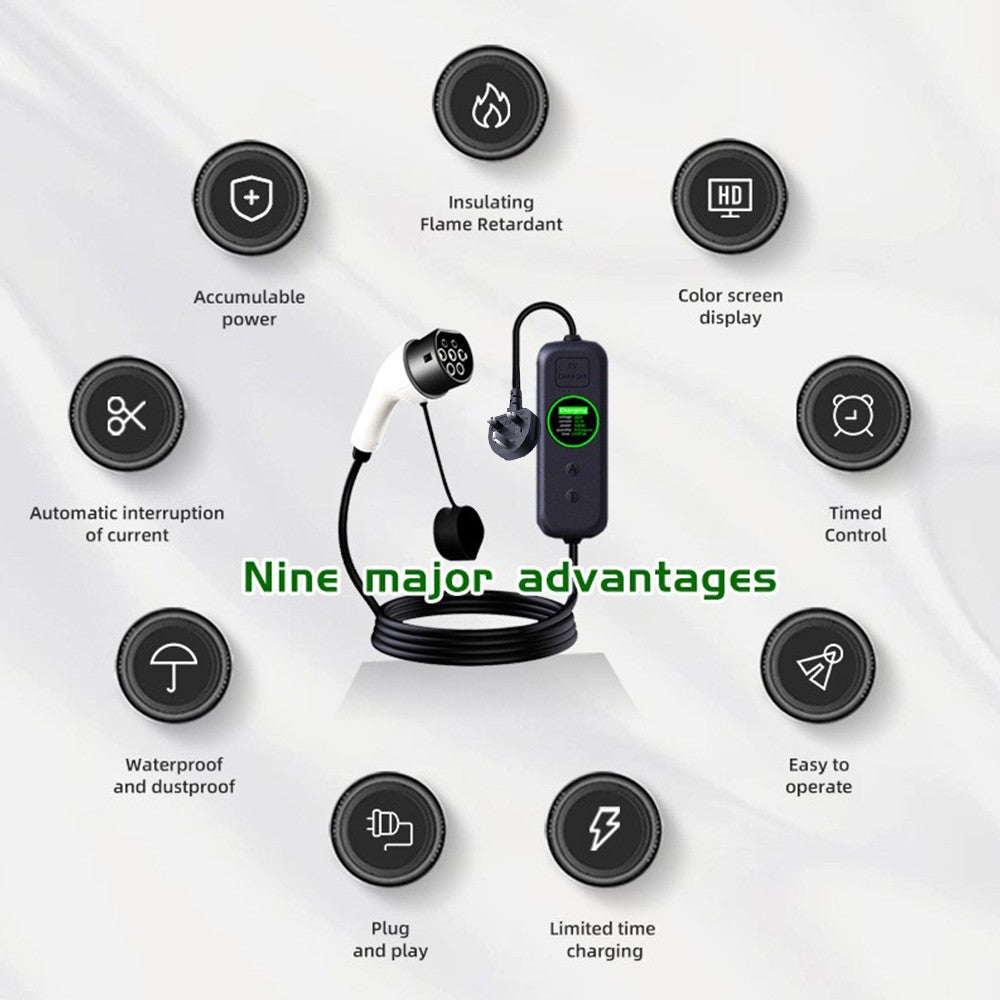 Portable 13A EV charger, UK plug to Type 2 – supplier infographic showing nine major advantages with connector and display