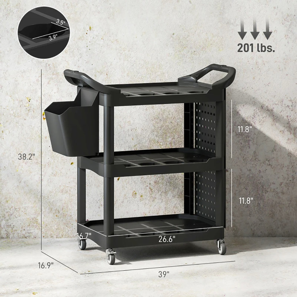 3-Tier Rolling Tool Cart, 200 LBS Capacity Plastic Utility Cart With Side Shelf And Storage Bucket