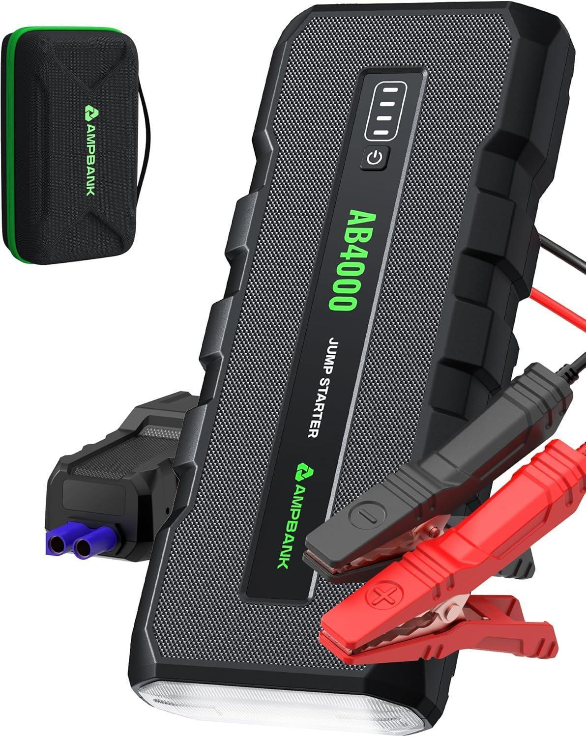 4000A Emergency Starting Power Supply 12V Portable Car Battery Jump Starter With 18W Fast Charge For 10L Gasoline And 8L Diesel Engines With LED Light Jump Starter Cable And EVA Storage Box