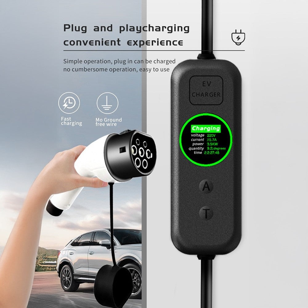Portable 13A EV charger, UK plug to Type 2 – supplier infographic showing plug and play charging with display readout