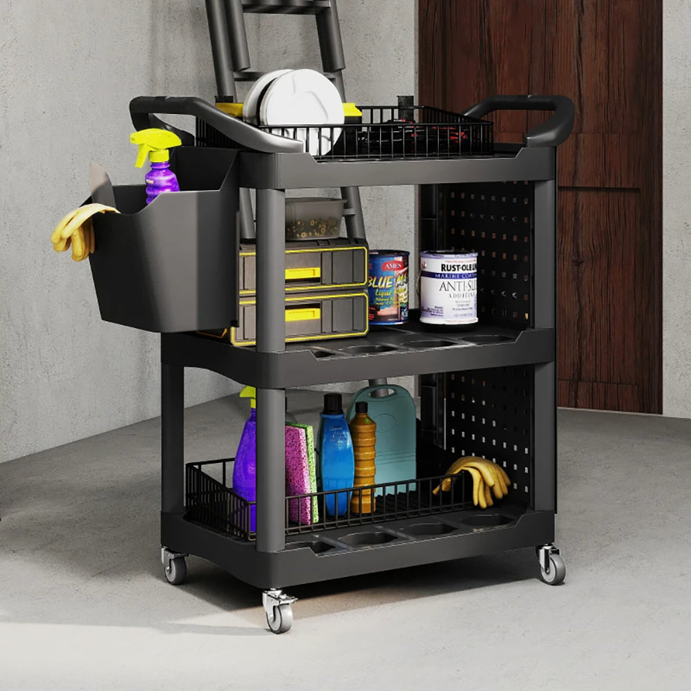3-Tier Rolling Tool Cart, 200 LBS Capacity Plastic Utility Cart With Side Shelf And Storage Bucket