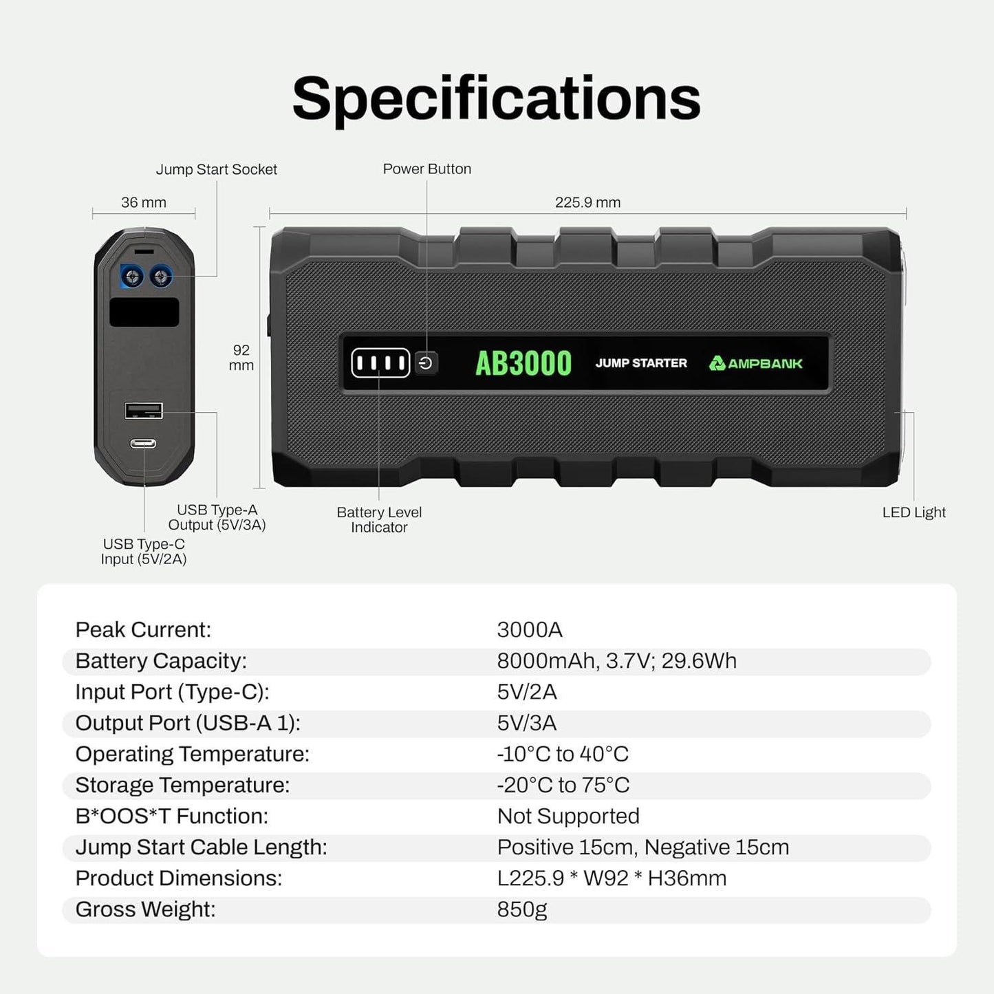 3000A Car Emergency Starting Power Supply 12V Portable Battery Starter Suitable For 6.0L Gasoline And 4.0L Diesel Engines
