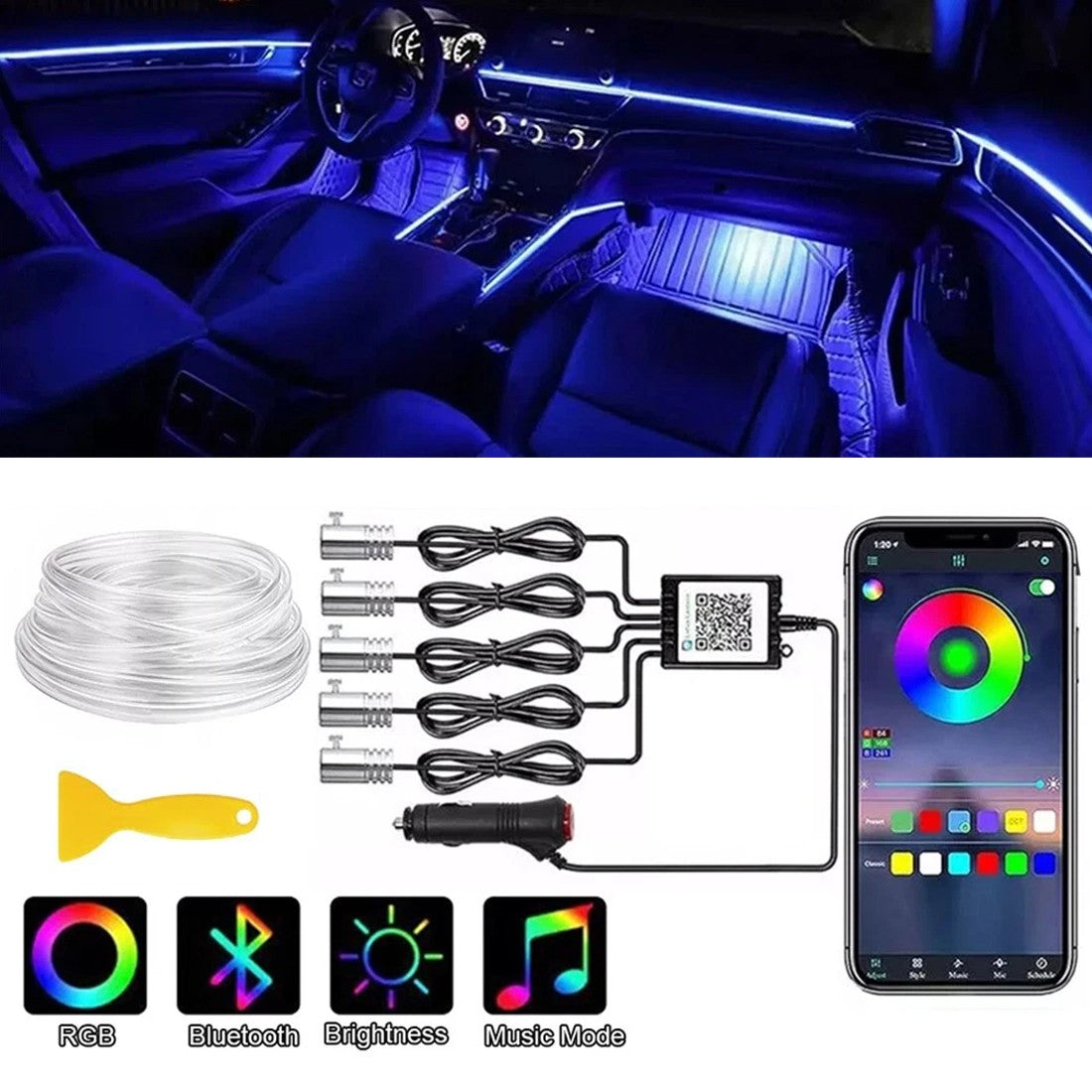 Interior LED Ambient Light Kit – RGB Fibre-Optic, App & Music Sync (5-in-1) - image 7