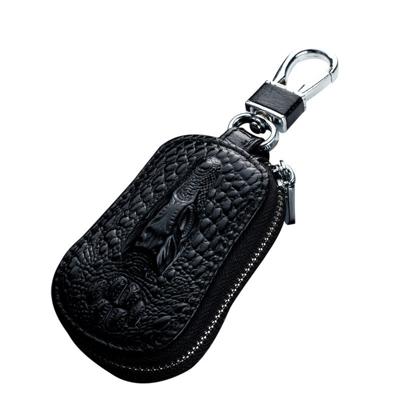 Genuine leather car key case – universal fit – black crocodile-pattern case shown upright with clip