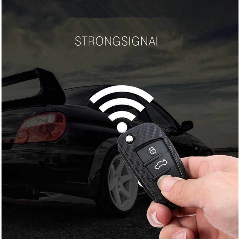 Key fob cover for Audi keys – carbon-look silicone – supplier infographic showing signal strength held near a car