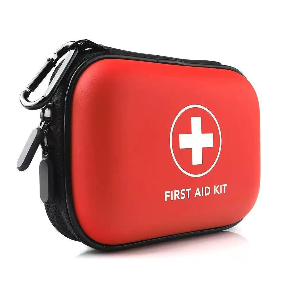 Car first aid kit in hard-shell case – closed case with carabiner clip attached