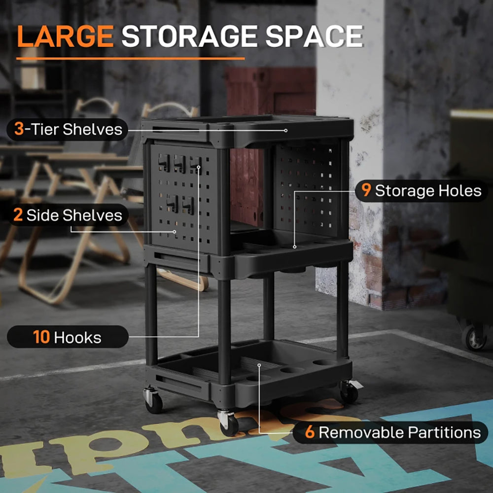 3-Tier Rolling Tool Cart, 200 LBS Capacity Plastic Utility Cart With Side Shelves For Garage, Workshop, Tikt0k Sale Prohibited