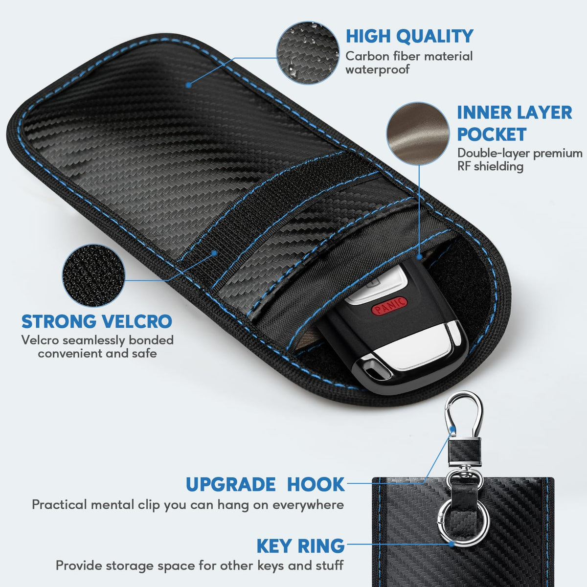 Faraday pouch for car keys – keyless entry signal blocker – supplier infographic showing features and inner pocket