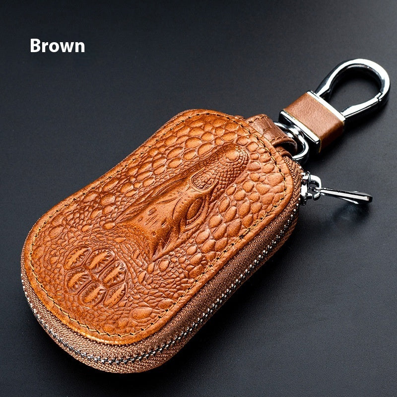 Genuine leather car key case – universal fit – brown crocodile-pattern case labelled brown