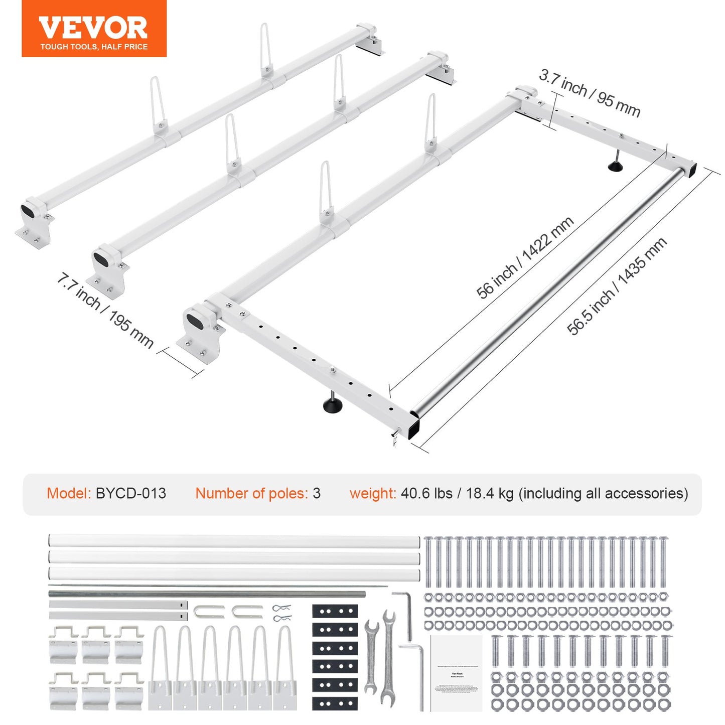 Trailer Ladder Rack, 56-inch  3 Crossbars Ladder Roof Rack, Heavy-duty Steel Van Roof Ladder Rack, 90 Kg Capacity Each Bar Van Ladder Rack With Cargo Roller, Fit For Ford Transit Custom 2013-2024
