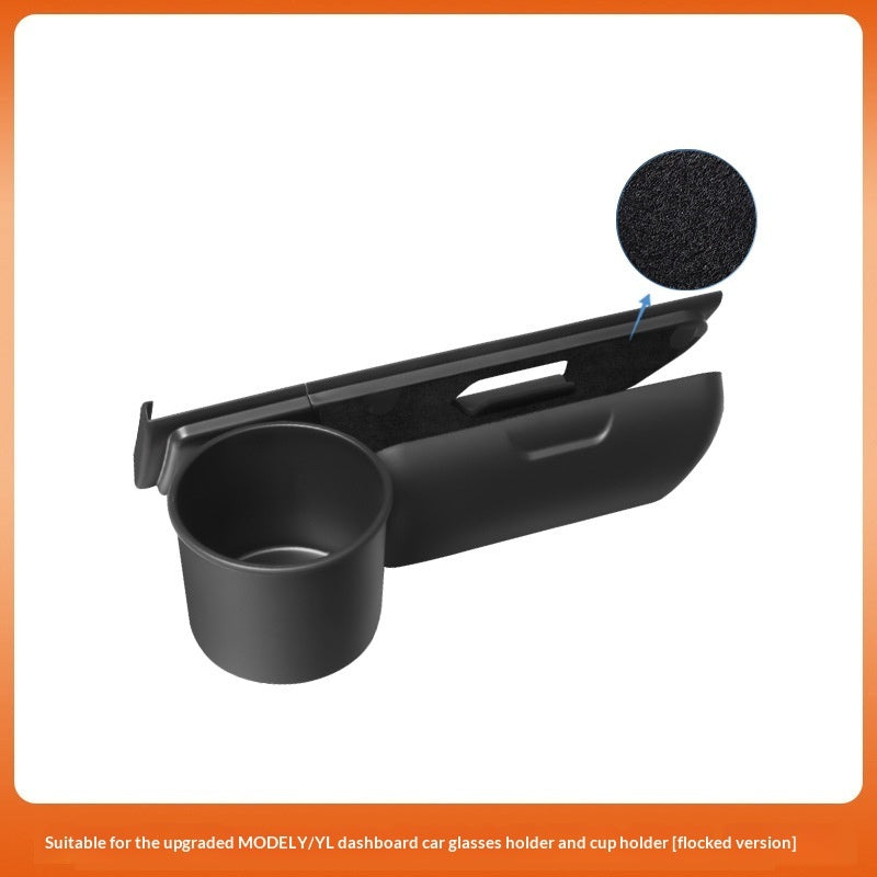 Glasses case and cup holder set for Tesla Model 3/Y – supplier infographic showing flocked lining close-up