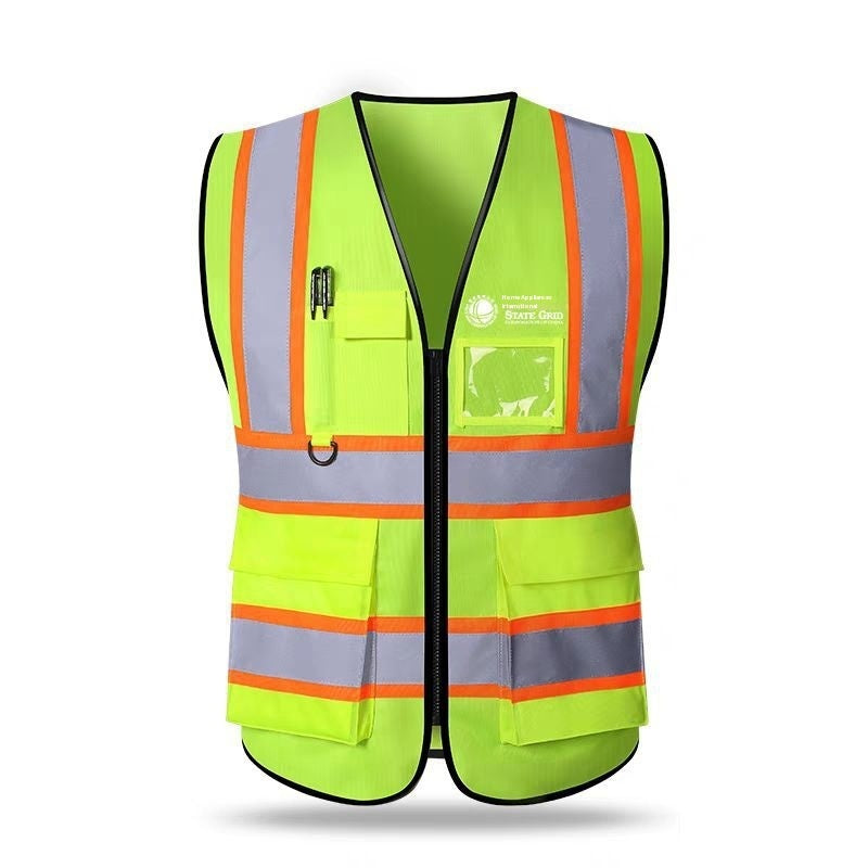 Hi-vis multi-pocket reflective safety vest – front view of green vest on mannequin