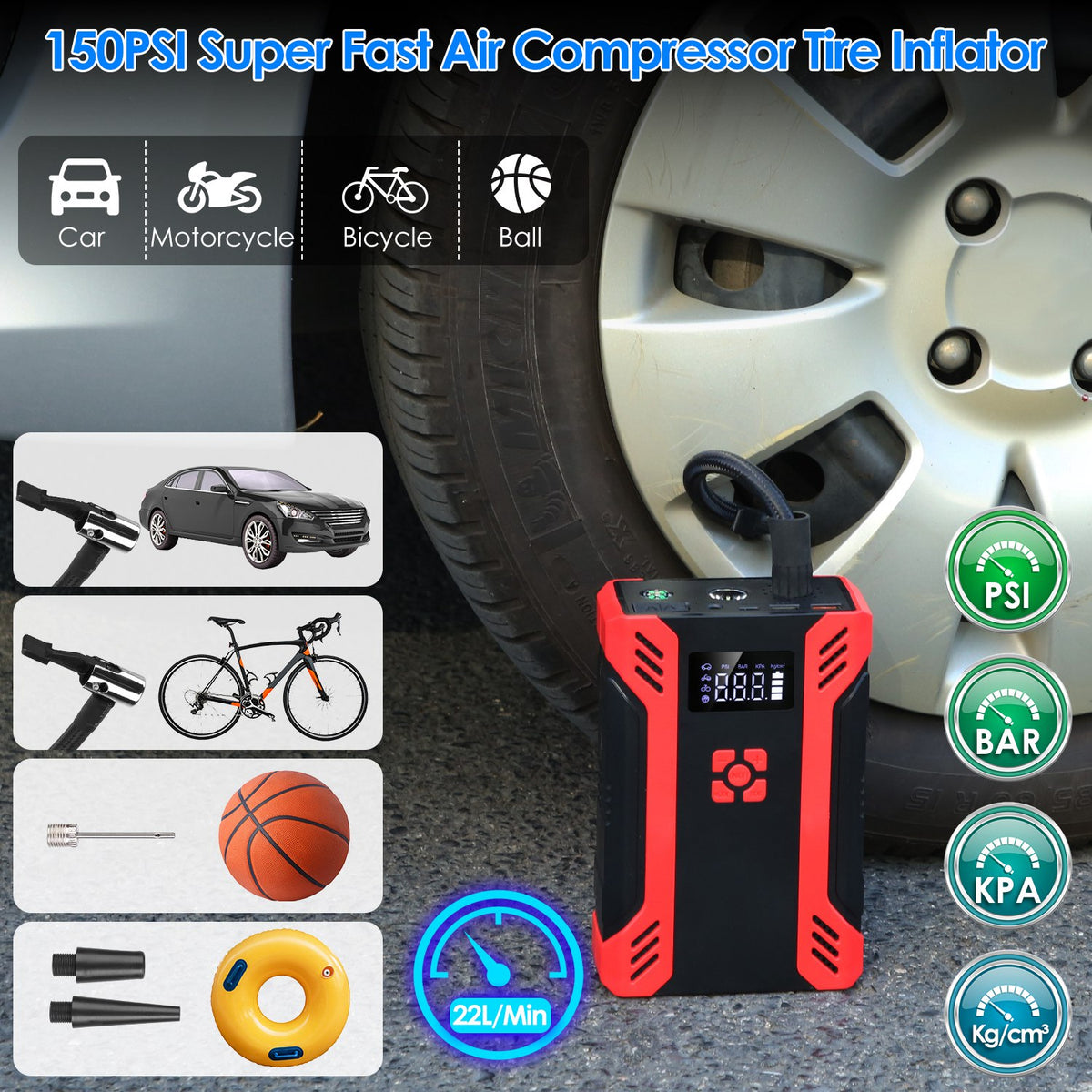 1Pc Car Jump Starter With Air Compressor Portable Car Battery Booster With Digital Tire Inflator With 2000mAh Peak Current For 12V Car 6.5L Gas Or 4.0L Diesel Engines